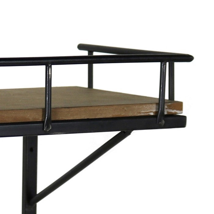 Wood and Metal Rectangular Wall Shelf with Guardrail, Large, Brown