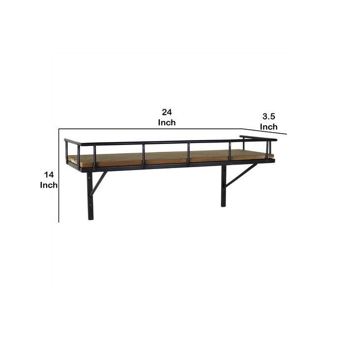 Wood and Metal Rectangular Wall Shelf with Guardrail, Large, Brown