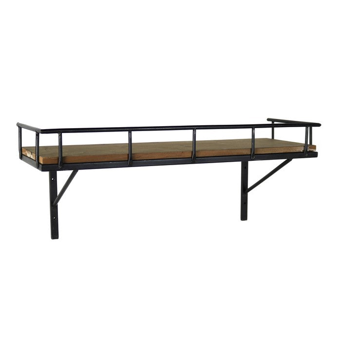 Wood and Metal Rectangular Wall Shelf with Guardrail, Large, Brown