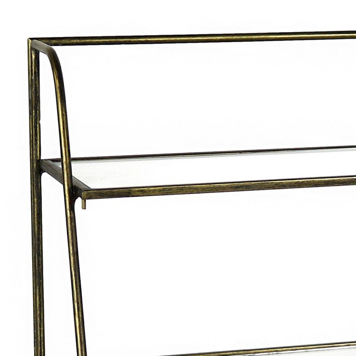 2  Tier Tubular Metal Frame Stand with Glass Shelves, Brass and Clear