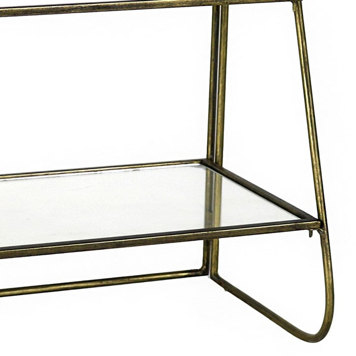 2  Tier Tubular Metal Frame Stand with Glass Shelves, Brass and Clear