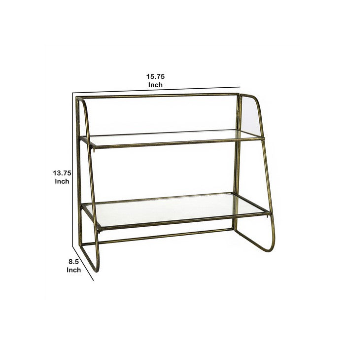 2  Tier Tubular Metal Frame Stand with Glass Shelves, Brass and Clear