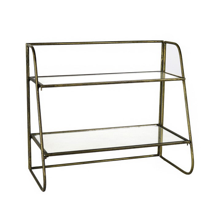 2  Tier Tubular Metal Frame Stand with Glass Shelves, Brass and Clear