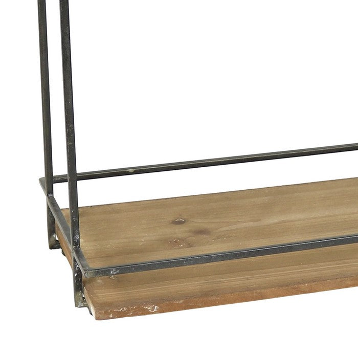 Rustic 2 Tier Metal Stand with Rectangular Wooden Shelves, Brown and Black