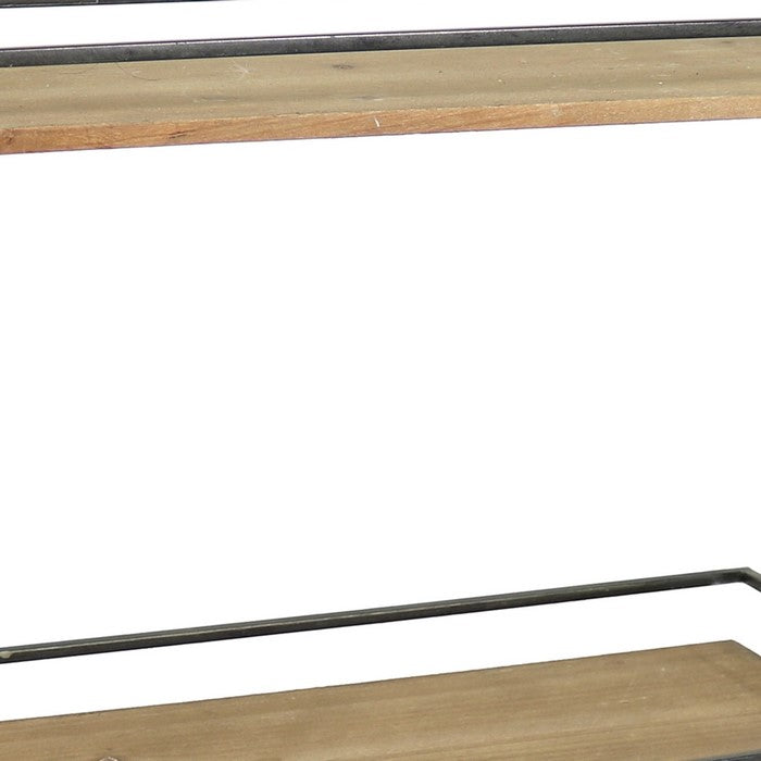 Rustic 2 Tier Metal Stand with Rectangular Wooden Shelves, Brown and Black