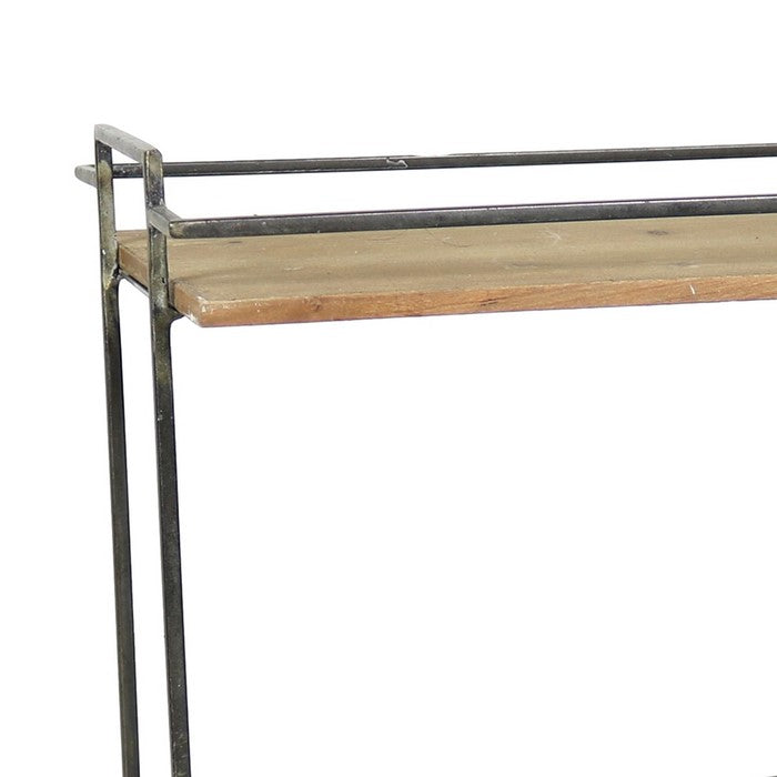 Rustic 2 Tier Metal Stand with Rectangular Wooden Shelves, Brown and Black