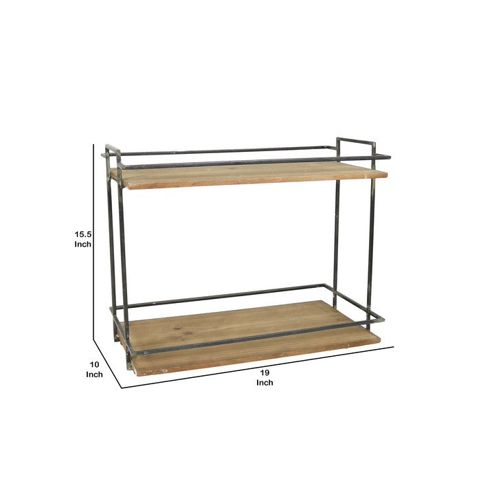 Rustic 2 Tier Metal Stand with Rectangular Wooden Shelves, Brown and Black