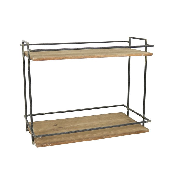 Rustic 2 Tier Metal Stand with Rectangular Wooden Shelves, Brown and Black