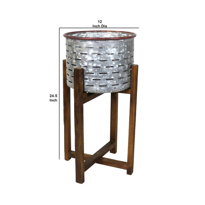 Galvanized Metal Planter with Collapsible Wooden Base, Silver and Brown