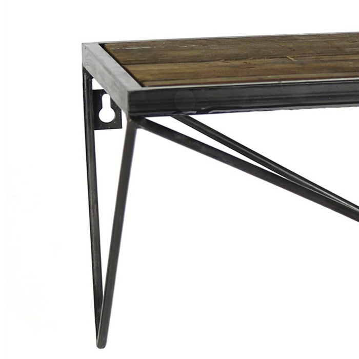 Wood and Metal Wall Shelf with Geometric Base, Black and Brown