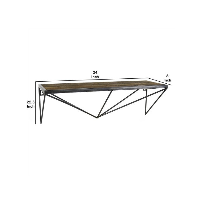 Wood and Metal Wall Shelf with Geometric Base, Black and Brown