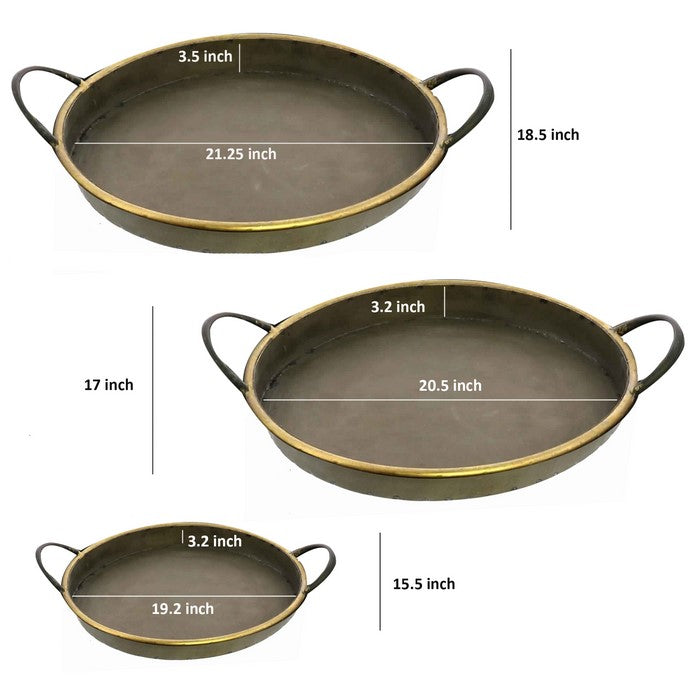 Round Galvanized Metal Tray with Handle, Set of 3, Bronze and Brown