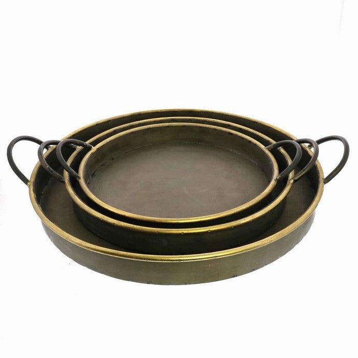 Round Galvanized Metal Tray with Handle, Set of 3, Bronze and Brown