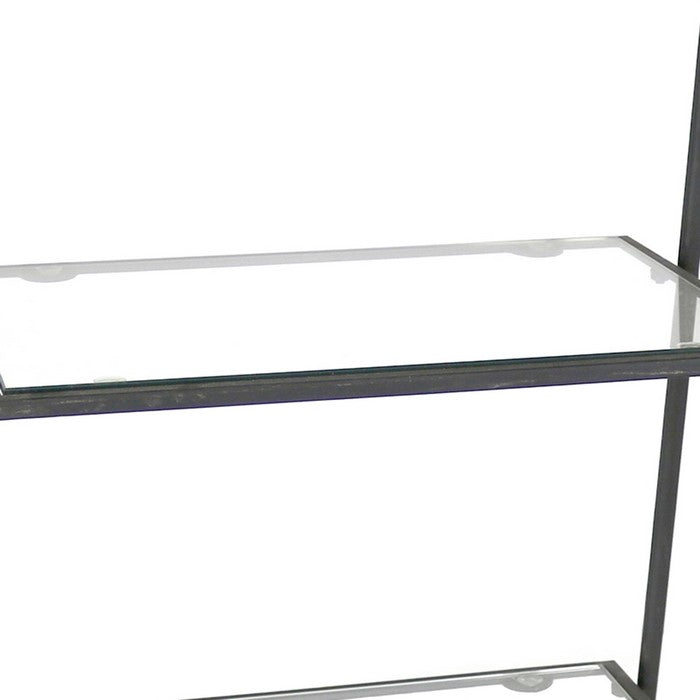 3 Tier Metal Stand with Glass Shelves and Tubular Frame, Clear and Black