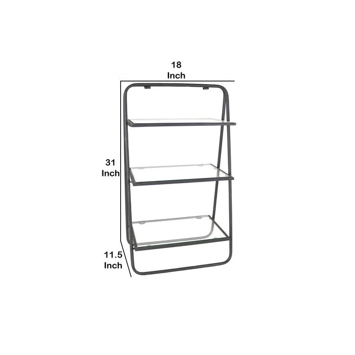 3 Tier Metal Stand with Glass Shelves and Tubular Frame, Clear and Black