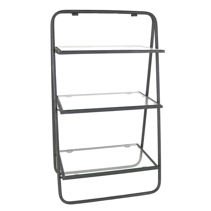 3 Tier Metal Stand with Glass Shelves and Tubular Frame, Clear and Black
