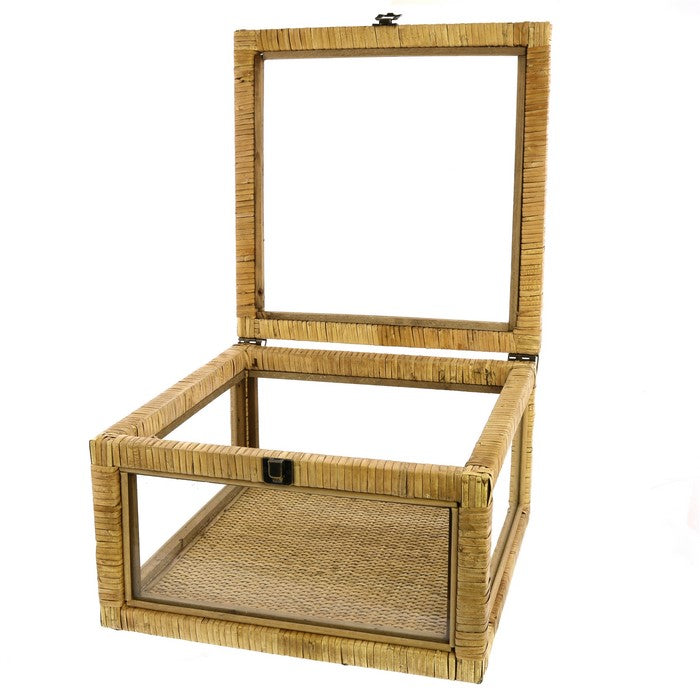 Glass Case with Woven Rattan Frame and Latch Lock, Brown and Clear