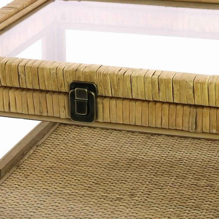 Glass Case with Woven Rattan Frame and Latch Lock, Brown and Clear