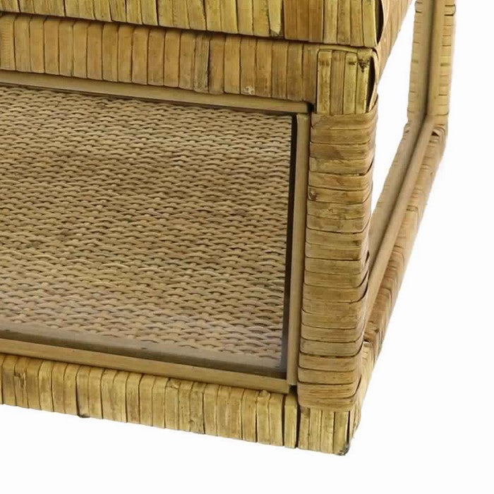 Glass Case with Woven Rattan Frame and Latch Lock, Brown and Clear