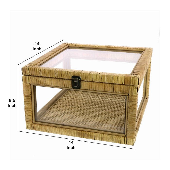 Glass Case with Woven Rattan Frame and Latch Lock, Brown and Clear