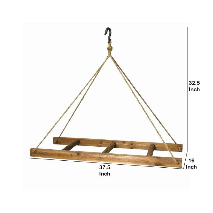 Decorative Horizontal Hanging Wooden Ladder with Hook, Brown