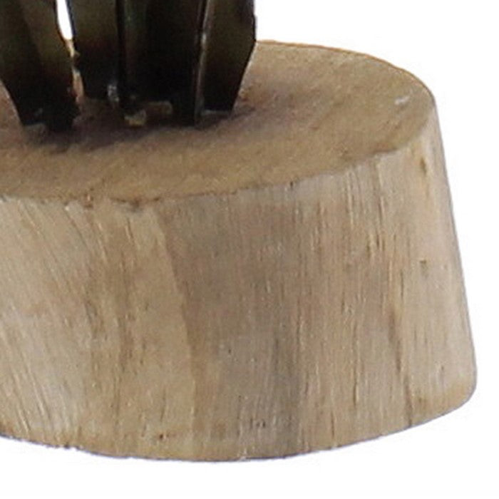 Accent Decor with Wooden Oval Base and Metal Cactus, Green and Natural