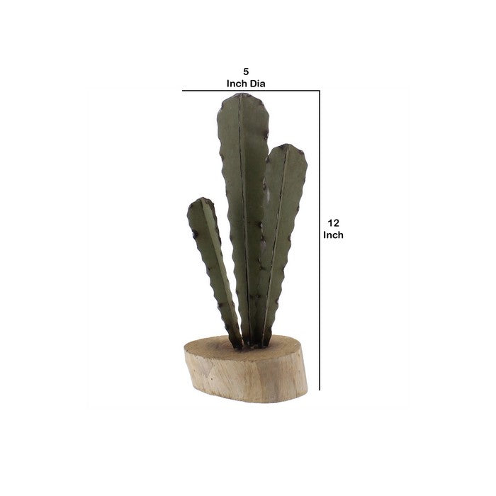 Accent Decor with Wooden Oval Base and Metal Cactus, Green and Natural