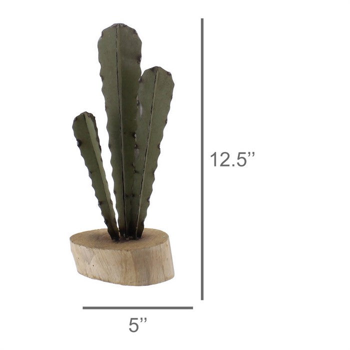 Accent Decor with Wooden Oval Base and Metal Cactus, Green and Natural