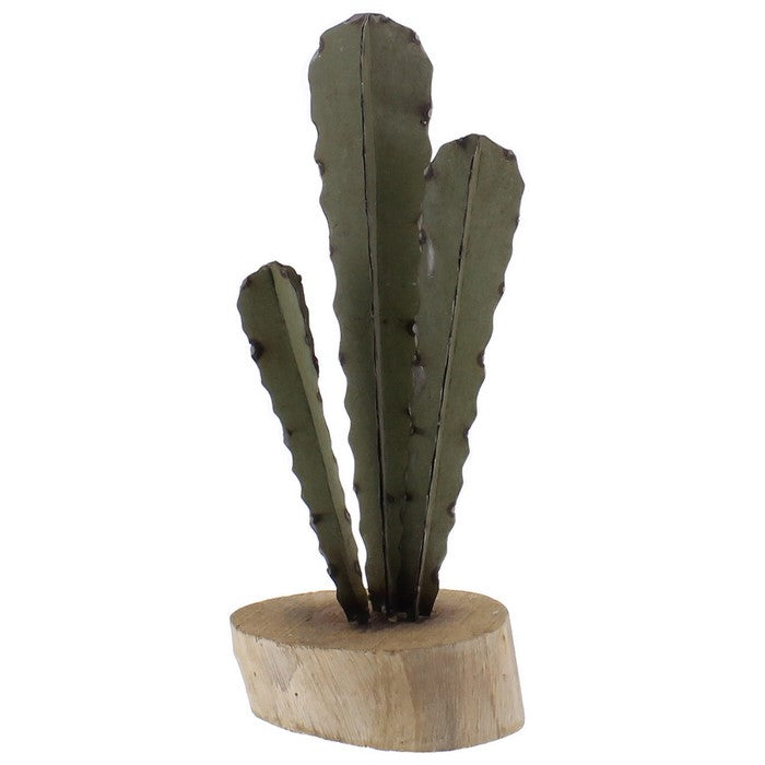 Accent Decor with Wooden Oval Base and Metal Cactus, Green and Natural