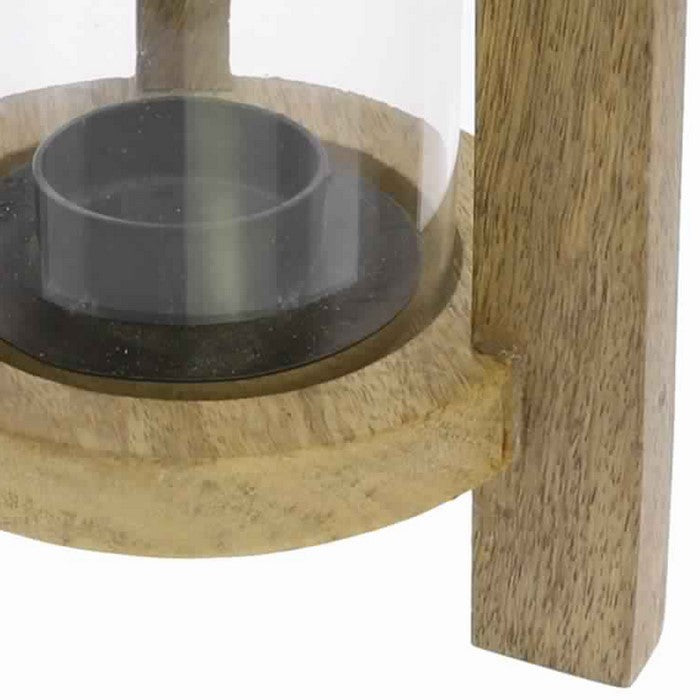 Wooden Frame Glass Hurricane Lantern with Tripod Base, Brown and Clear