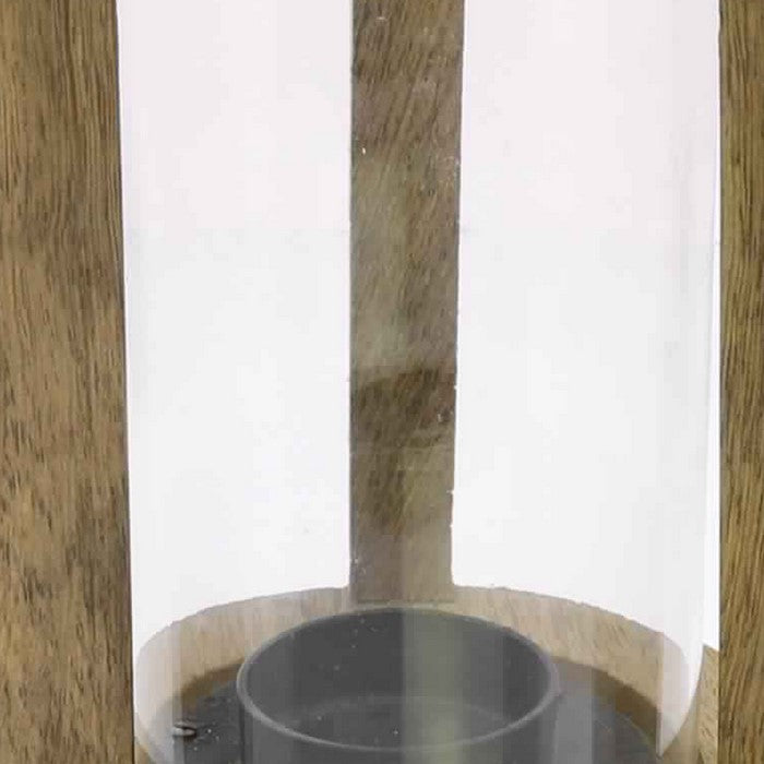 Wooden Frame Glass Hurricane Lantern with Tripod Base, Brown and Clear