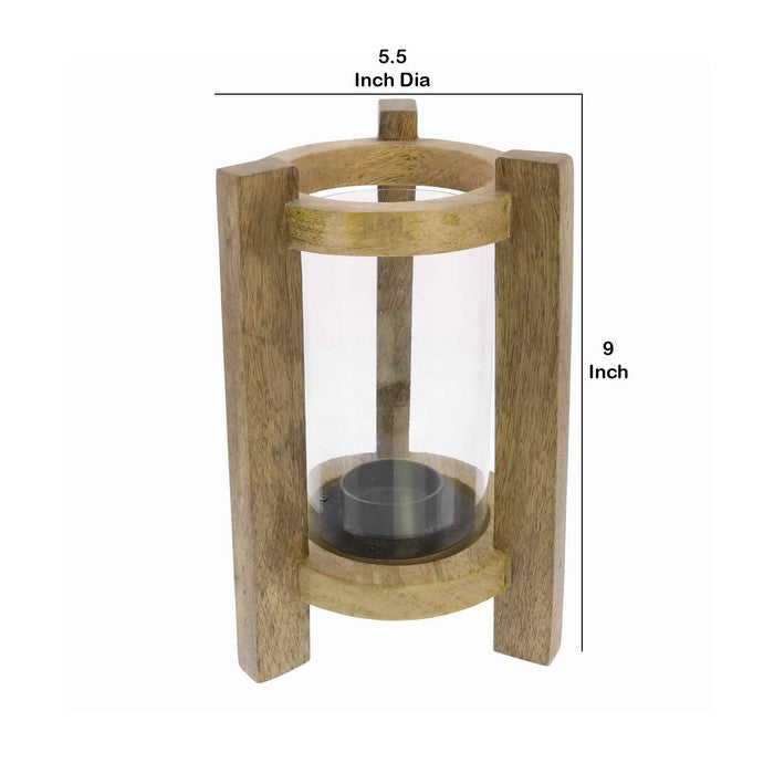 Wooden Frame Glass Hurricane Lantern with Tripod Base, Brown and Clear