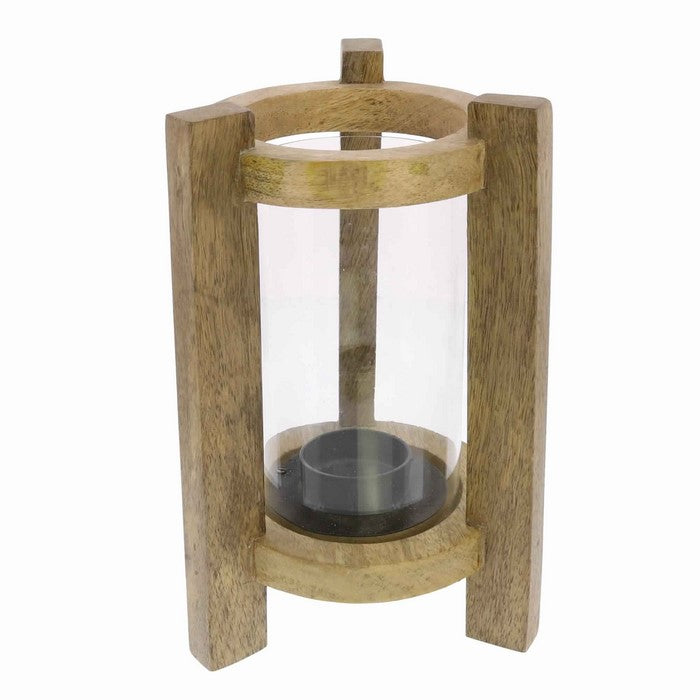 Wooden Frame Glass Hurricane Lantern with Tripod Base, Brown and Clear