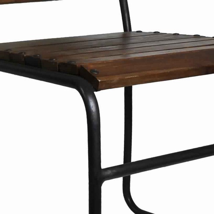 Metal Frame Chair with Slatted Seat and Backrest, Set of 2, Brown and Black
