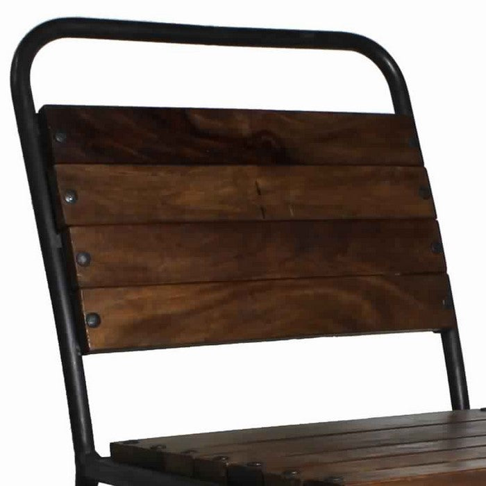 Metal Frame Chair with Slatted Seat and Backrest, Set of 2, Brown and Black