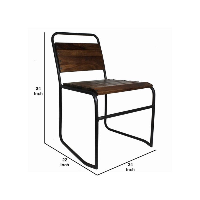 Metal Frame Chair with Slatted Seat and Backrest, Set of 2, Brown and Black