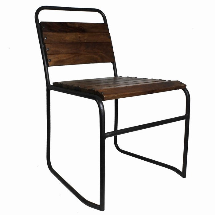 Metal Frame Chair with Slatted Seat and Backrest, Set of 2, Brown and Black