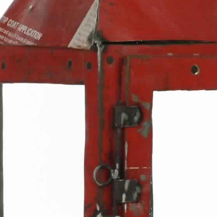 Gatehouse Shape Reclaimed Metal Frame Lantern with Typography, Red