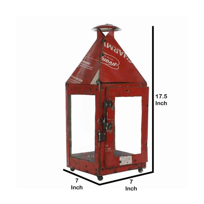 Gatehouse Shape Reclaimed Metal Frame Lantern with Typography, Red