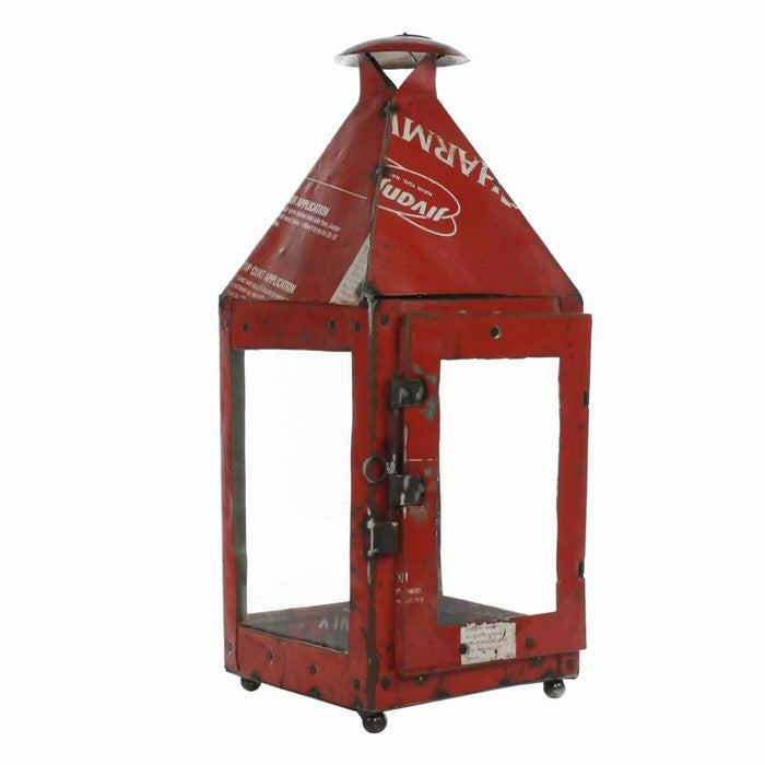 Gatehouse Shape Reclaimed Metal Frame Lantern with Typography, Red