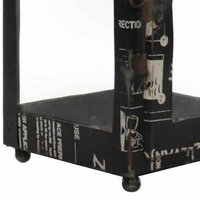 Gatehouse Shape Reclaimed Metal Frame Lantern with Typography, Black