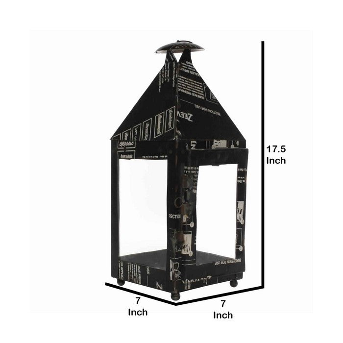 Gatehouse Shape Reclaimed Metal Frame Lantern with Typography, Black