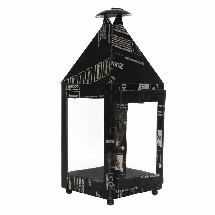 Gatehouse Shape Reclaimed Metal Frame Lantern with Typography, Black