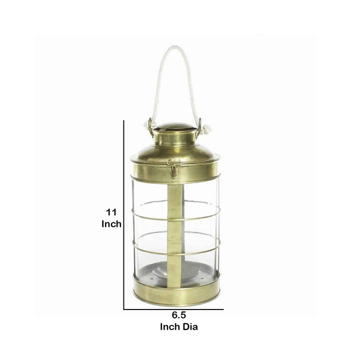 Metal and Glass Frame Lantern with Rope Hanger, Small, Gold and White