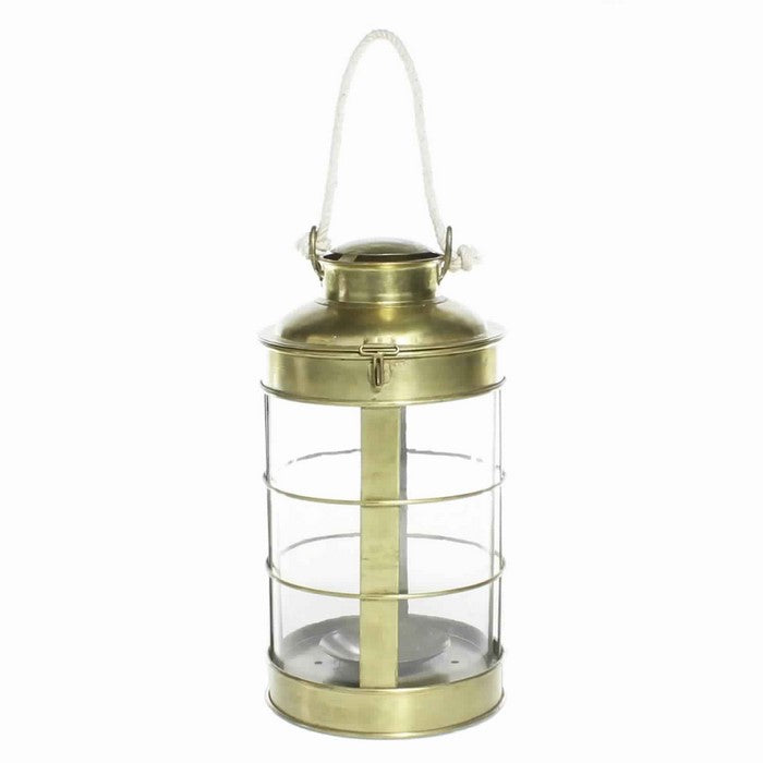 Metal and Glass Frame Lantern with Rope Hanger, Small, Gold and White