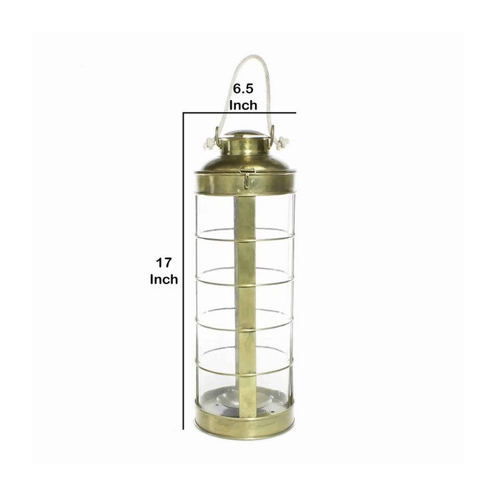 Metal and Glass Frame Lantern with Rope Hanger, Large, Gold and White