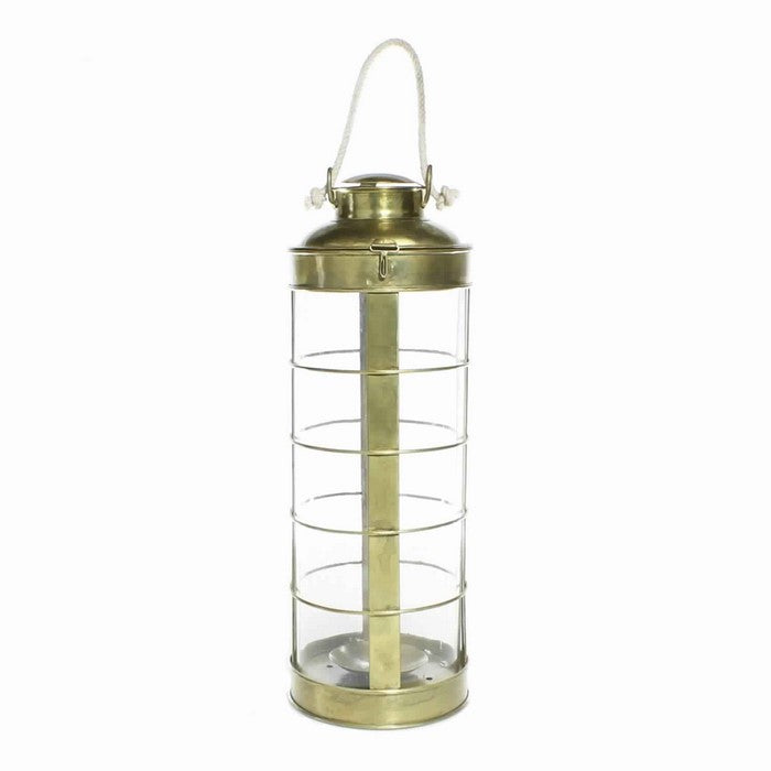 Metal and Glass Frame Lantern with Rope Hanger, Large, Gold and White