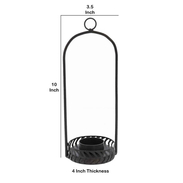 Industrial Style Metal Frame Hanging Glass Hurricane, Black and Clear