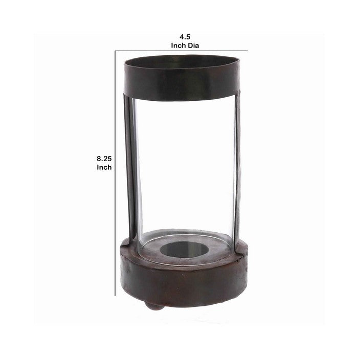 Rustic Style Metal Frame Glass Hurricane Candle Holder, Black and Clear