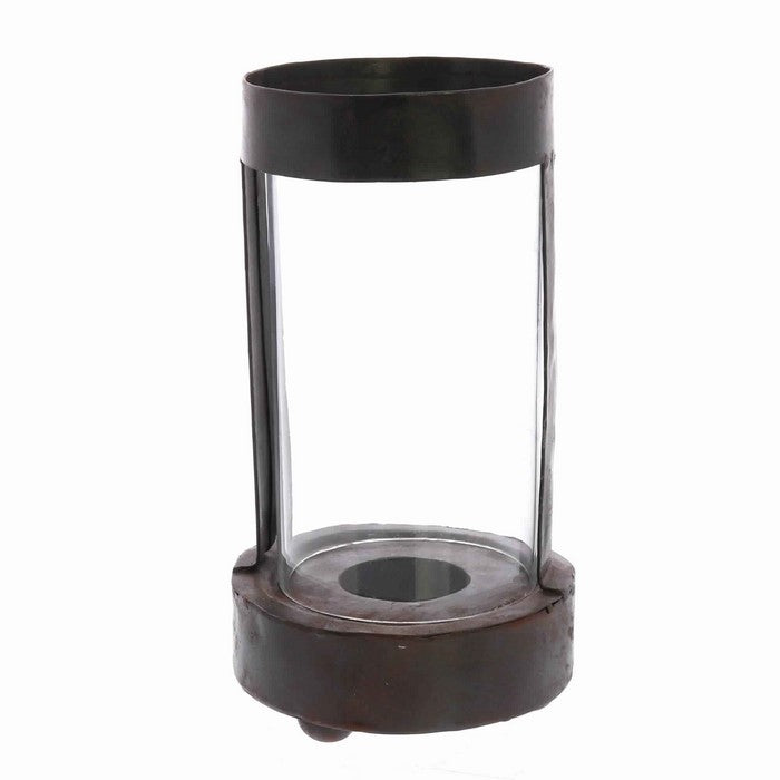 Rustic Style Metal Frame Glass Hurricane Candle Holder, Black and Clear